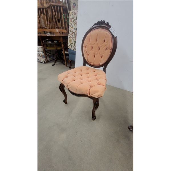 Rococo Revival Style Carved Wood Side Chair With Peach Velvet Button-Tufted Upholstery