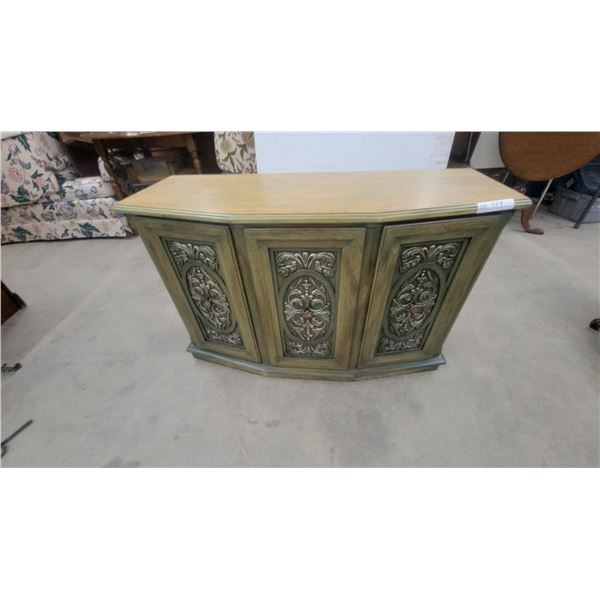 Curved Front Cabinet with Ornate Silver-Tone Medallions