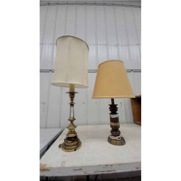 Two Table Lamps: One Brass Candlestick style Lamp and One Wood and Brass Lamp with Shade