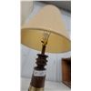 Image 3 : Two Table Lamps: One Brass Candlestick style Lamp and One Wood and Brass Lamp with Shade