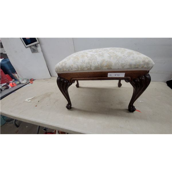 Carved Wood and Upholstered Bench, Floral Pattern, "LD 470” Label 16”×20”×14”