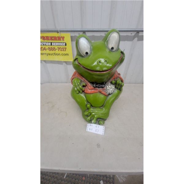 Green Ceramic Frog Coin Bank with Orange Plaid Shirt 21” tall