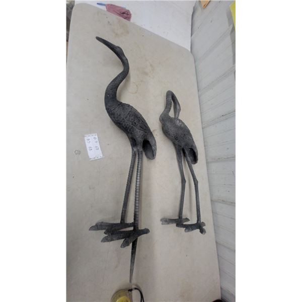 Pair of Cast Metal Garden Crane Sculptures with Textured Dark Finish 31” tall and 26”