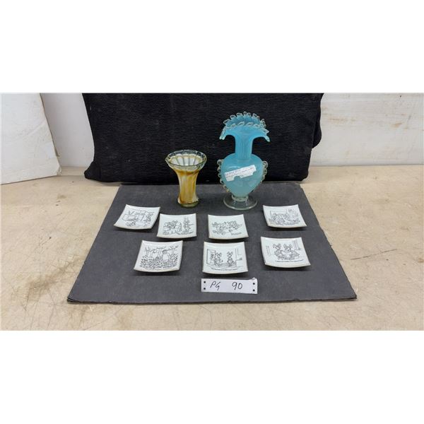Seven Novelty Hare Raisers Trinket Dishes, 2 Pieces Art Glass, Tallest 9 1/2”