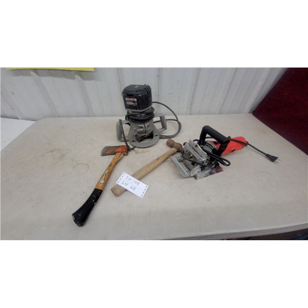 Porter-Cable Electric Router, Electric Biscuit Joiner, hatchet