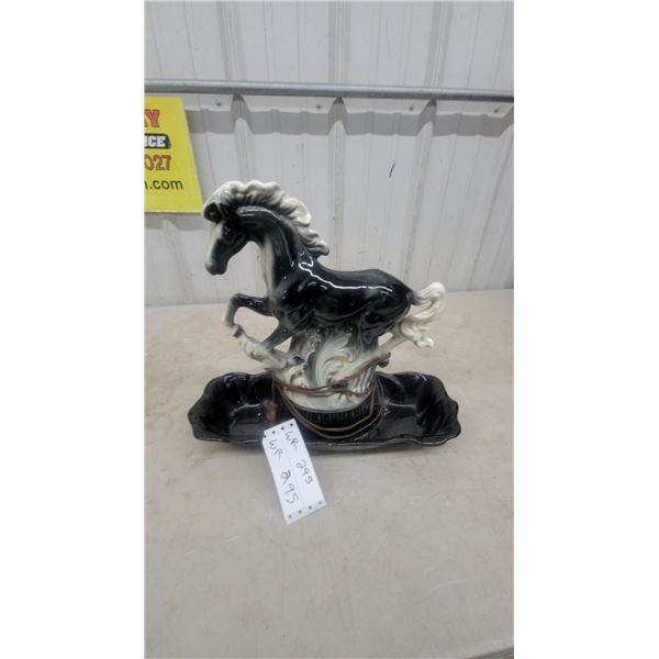 Vintage Black and White Glazed Ceramic Rearing Horse Lamp with Decorative Base 14.6” High 15” long