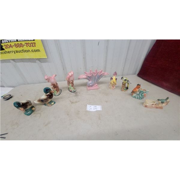 Ceramic Figurines: Pair of Ducks, Pair of Pink Birds, Pink Fish, Pink and Blue Wall Pocket