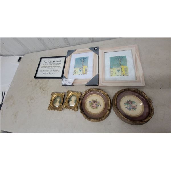 Assorted Framed Wall Art Including Miniature Portraits, Floral Prints, and "No Pets" Sign