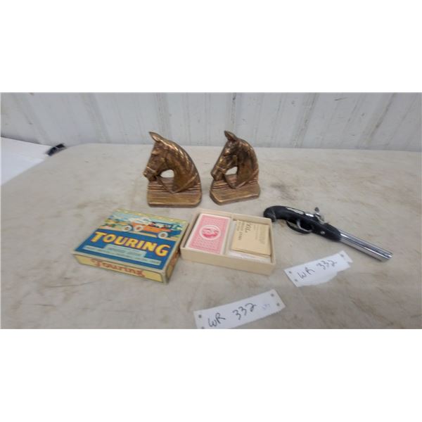 Vintage Parker Brothers 1906” Touring" Automobile Card Game, Brass Horse Bookends