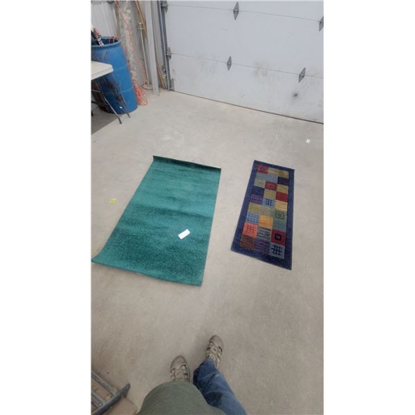 Teal Shag Area Rug and Multi-Colored Geometric Patchwork Runner Rug 21”×54” and 35”×56”