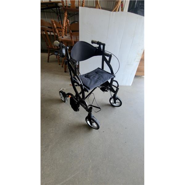 Fushi 2-in-1 Rollator and Transport Chair, Black Frame and Seat, Footrests, and Hand Brakes