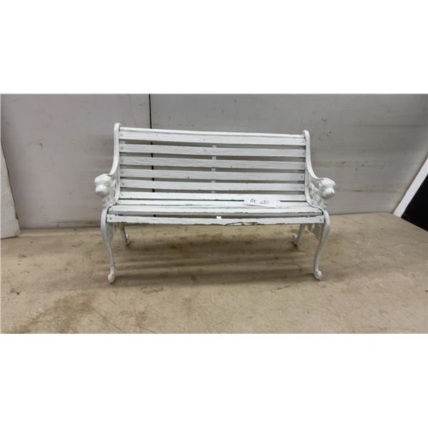 White-Painted Cast Iron and Slatted Wood Child’s Garden Bench with Lion Head Armrests