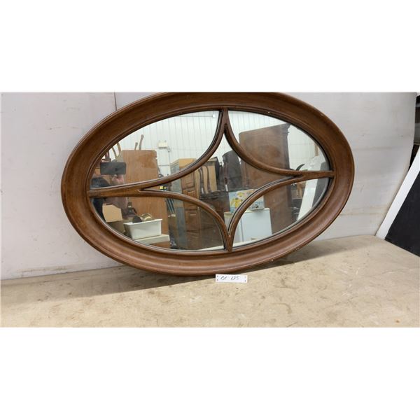 Oval Wall Mirror with Wooden Frame and Quatrefoil Overlay Pattern, 41 × 25”