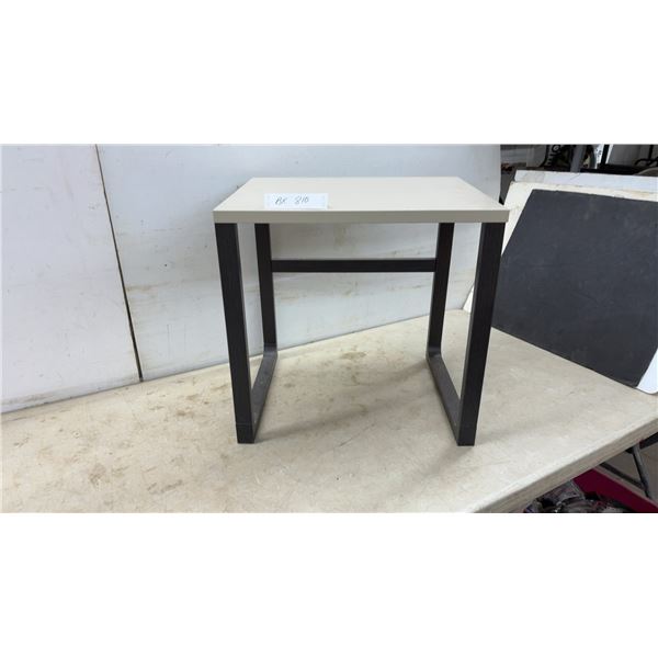 Modern Square End Table with Light Beige Top and Dark Wood U-Shaped Legs, 19 1/2 × 19 1/2 × 16”