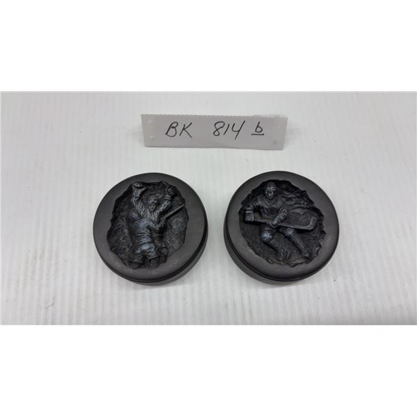 Pair of 2009 National Hockey Monument Commemorative Embossed Hockey Pucks