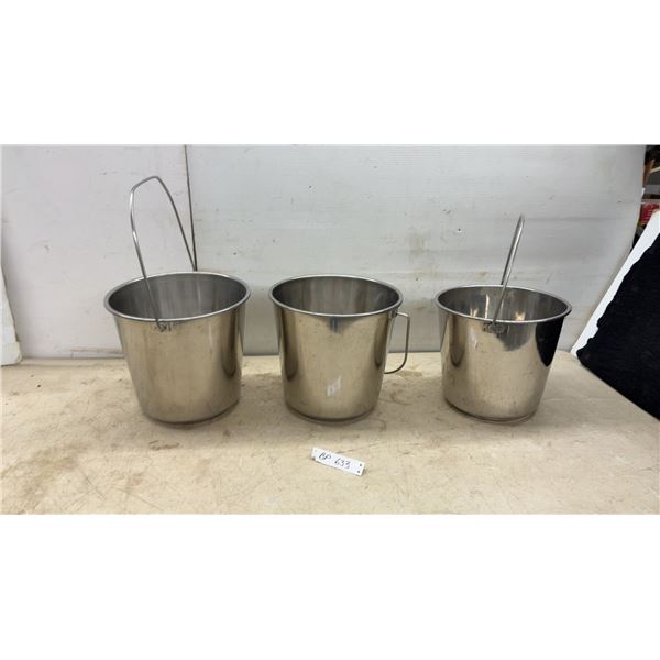 Three Stainless Steel Utility Pails with Handles, (one pail has crack at top - pictured