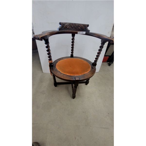 Antique Carved Wood Corner Chair with Orange Upholstered Seat