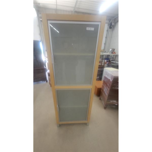 Tall Wood and Frosted Glass Display Cabinet with 2 Doors and 2 Interior Shelves 75”×25”×14”