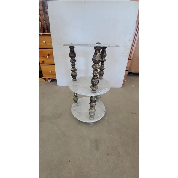 Three-Tiered Marble and Ornate Metal Side Table 26” High 15” diameter