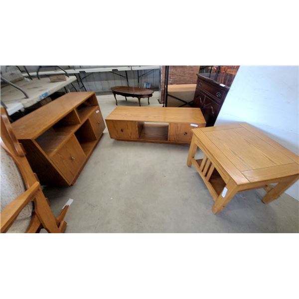 3 pce set Oak Wood Cabinet 27”×48”×15” oak coffee table 16”×54”×20” oak end table 20”×27”×24”