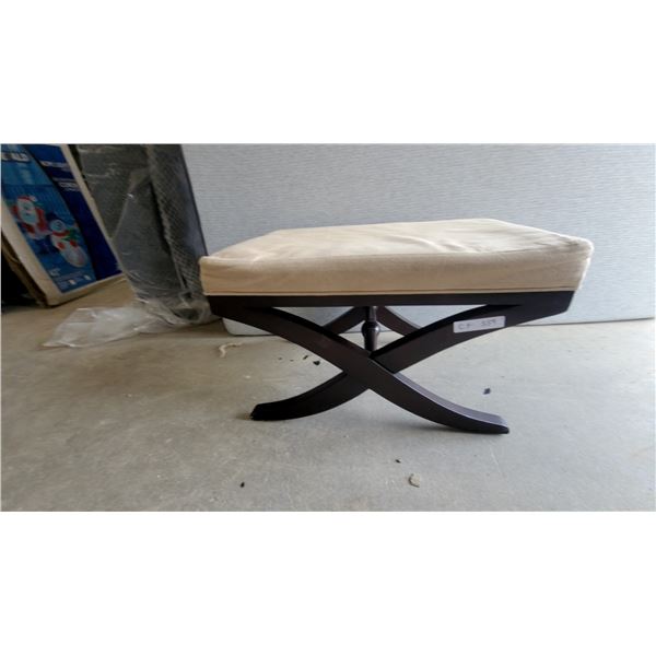 Beige Upholstered Bench /ottoman with Dark Wood X-Base 17”×28”×19”