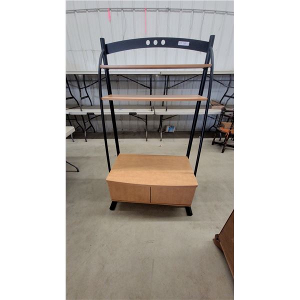 Curved Wood and Metal Display Shelf/ t.v. stand with Two Shelves and Two-Door Cabinet Base
