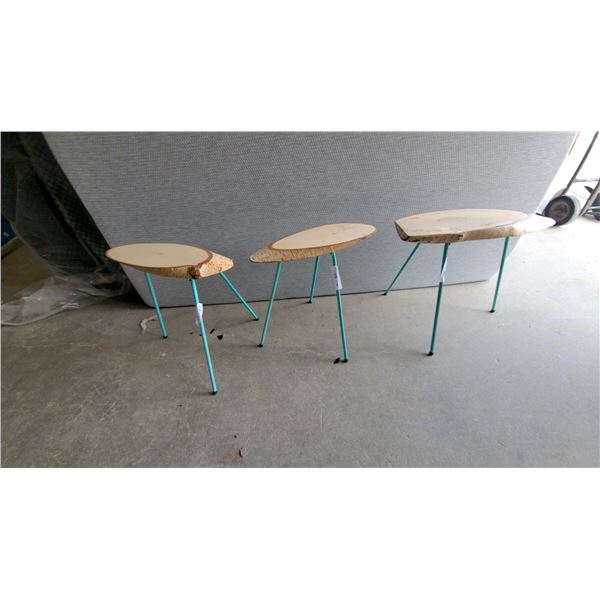 Handmade Live-Edge Birch Slice Side Tables with Turquoise Rebar Legs, Set of 3