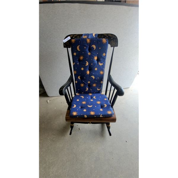 Black Painted Rocking Chair with Sun and Moon Cushions, and Gold Stenciled Details