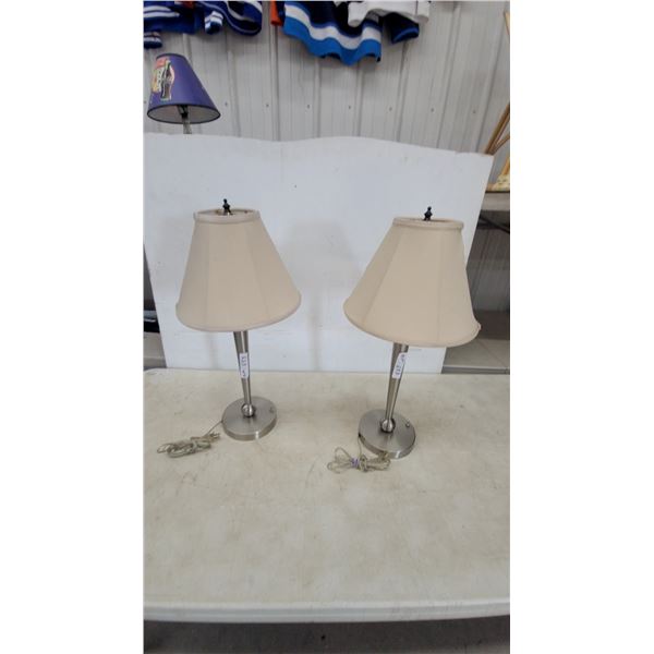 Pair of Brushed Nickel Table Lamps with Beige Fabric Shades