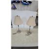 Image 1 : Pair of Brushed Nickel Table Lamps with Beige Fabric Shades