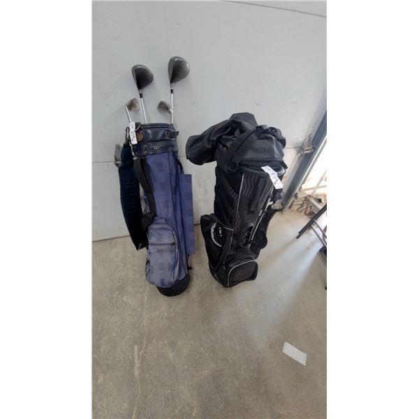 Two Golf Bags with Clubs: Blue Bag with 5 Clubs and Black Bag with some Clubs