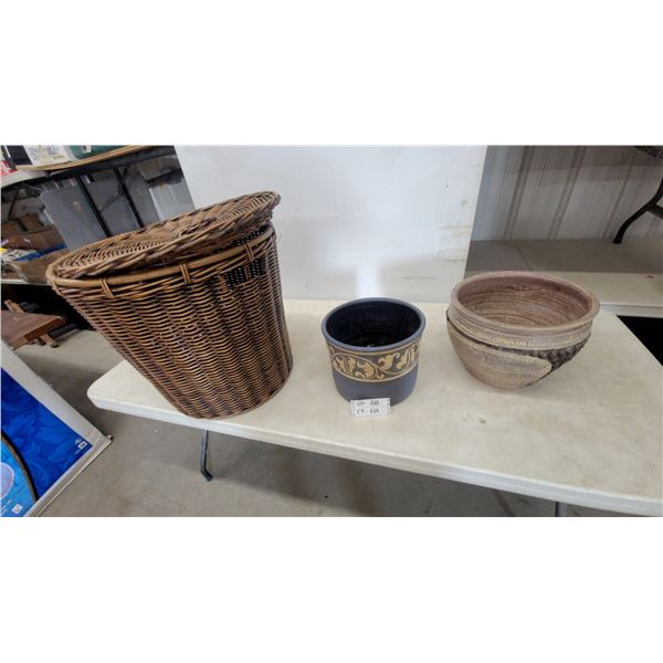 Wicker Basket with Lid, Grey Ceramic Planter, and Textured Ceramic Planter