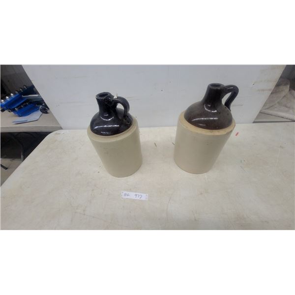 Two Stoneware Jugs, Brown and Tan Glaze, Each with Handle and Spout