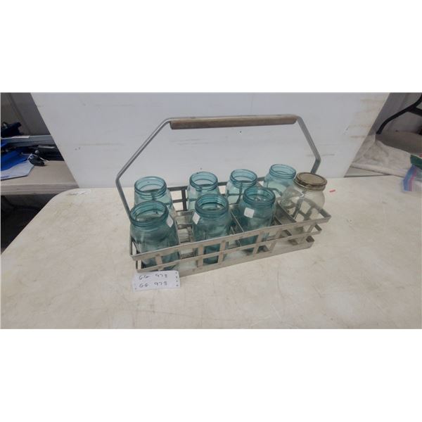 Vintage Metal milk bottle Carrier with 8 Blue Glass Canning Jars