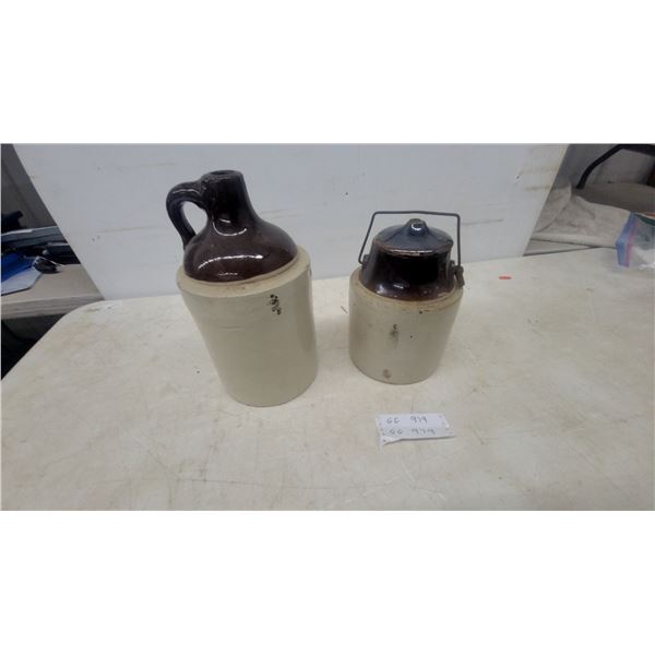 Two-Tone Stoneware Jugs: (1) 1-Gallon Jug and (1) pickle crock
