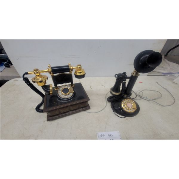 Two Vintage-Style Rotary Telephones: Candlestick and Cradle Phones, Black and Gold-Tone Accents