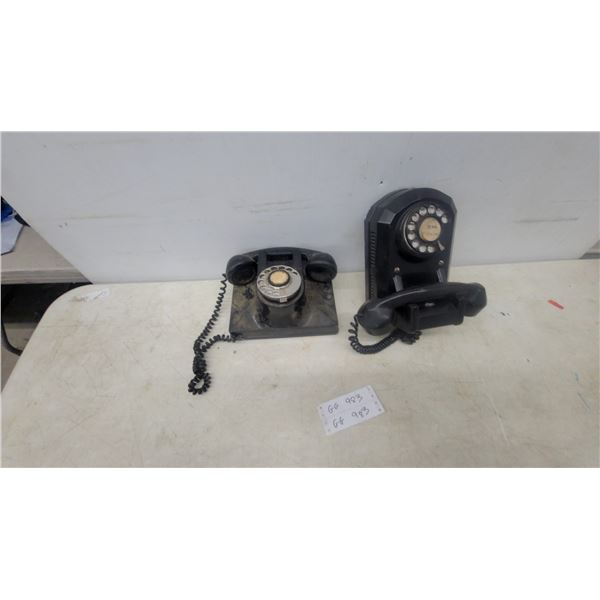 Two Black Rotary Dial Wall Telephones, One with Handset and Coiled Cord, One with Handset Vintage