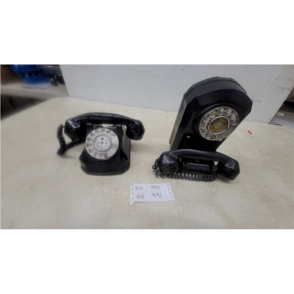 Two Vintage Black Rotary Dial Telephones, One Wall-Mount and One Desk-Mount, and Two Handsets