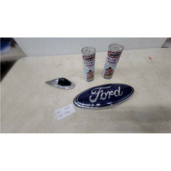 Ford Emblem, Chrome and Green Taillight, and (2) Wynn's Snowmobile Motor Oil Cans