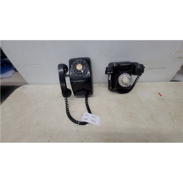 Two Vintage Black Rotary Dial Telephones, One with Handset and Cord, One with Handset and Cord