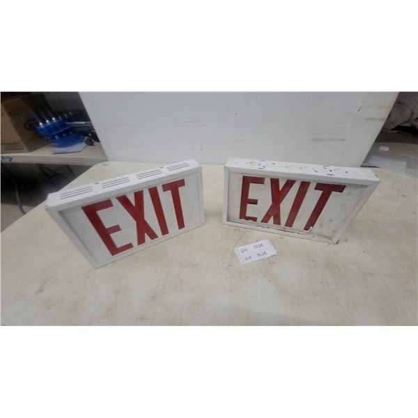 Two Exit Signs, White Metal Housing with Red Lettering, 8”×12”