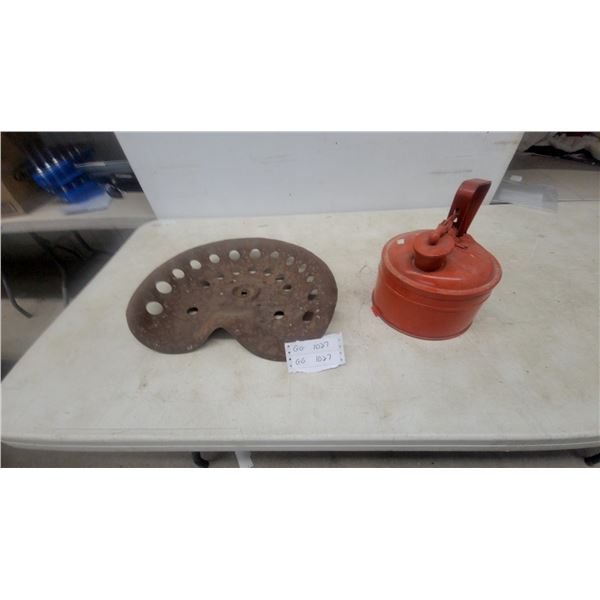 Vintage Tractor Seat and Red Metal Gas Can