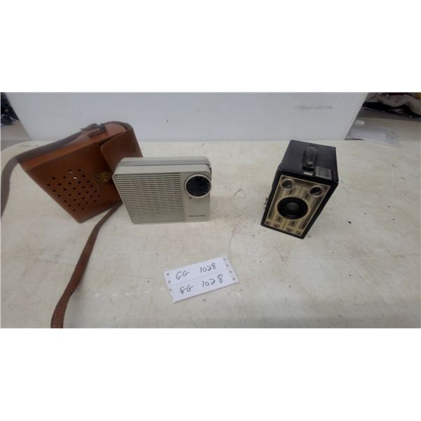 CBS Columbia Transistor Radio, Kodak Brownie Target Six-20 Camera, and Leather Case