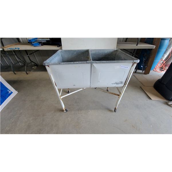 Vintage Galvanized Double Wash Tub on Stand, 2-Compartment, 33”×34”×21”