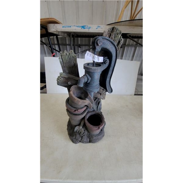 Decorative Resin Water Fountain with Antique Hand Pump, Weathered Posts, and Stacked Pots