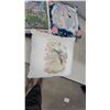 Image 6 : Rolling Suitcase and 3 Decorative Pillows: Cottage, Unicorn, and Floral Rabbit and needle point art