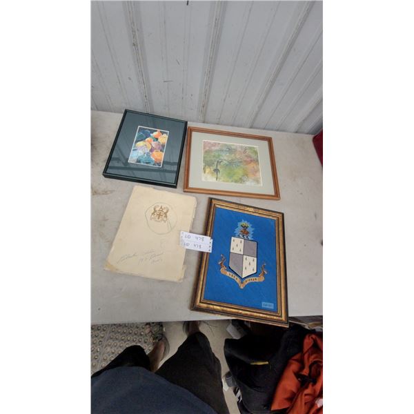 Four Framed Artworks and An Open hbc. Book with Illustrations