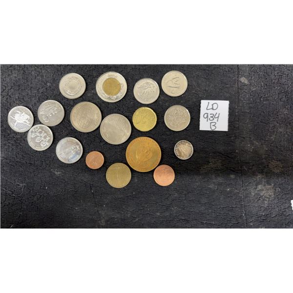 Assorted World Coins, Including Canadian Commemorative Quarters, Loonie, and Pennies, Schilling