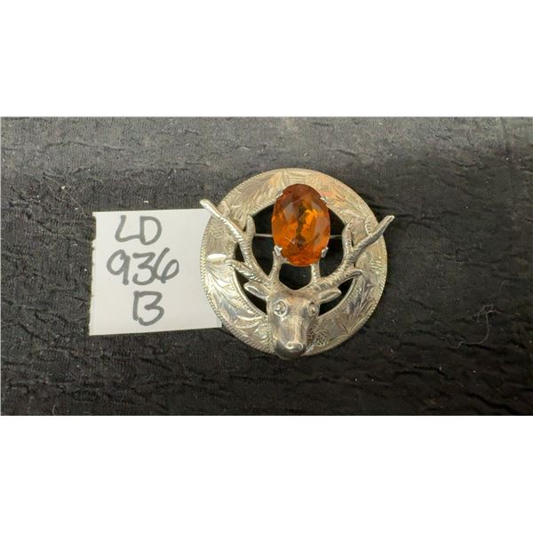 Silver With Amber Gemstone Brooch Total Weight 12 Grams