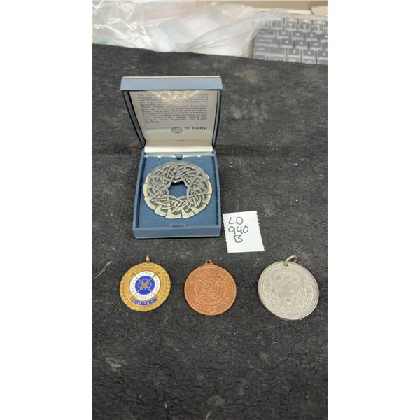 St. Justin Pewter Celtic Brooch in Box, Royal Life Saving Society Award of Merit, and 2 Medals